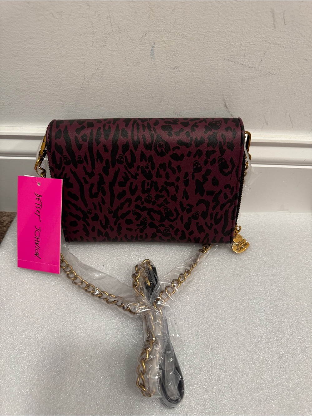 Betsey Johnson Burgundy Leopard Crossbody with Multicolor Jewel Spiders(Rare) - Picture 3 of 7